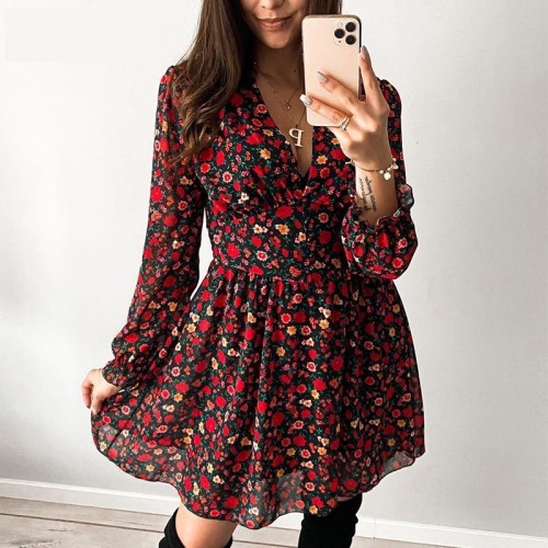 Sexy V Neck Woman Dresses Floral Ruffled Long Sleeve Party Ladies Mini  Buttons