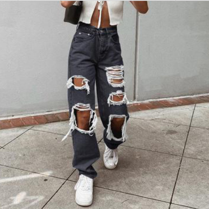 Women's Fashion Sexy Casual High Waist Ripped Jeans