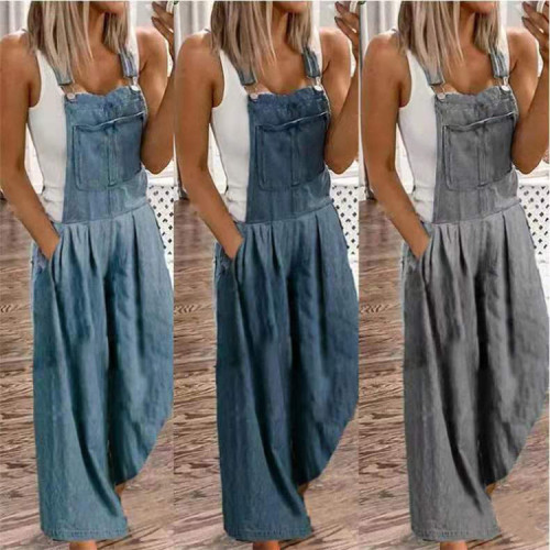 Women Solid Loose Casual Overalls Thin Long Jeans