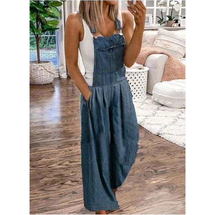 Women Solid Loose Casual Overalls Thin Long Jeans