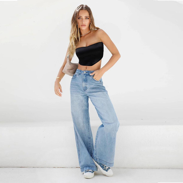 Women's Fashion Casual Straight High Waist Mopping Denim Wide-leg Jeans