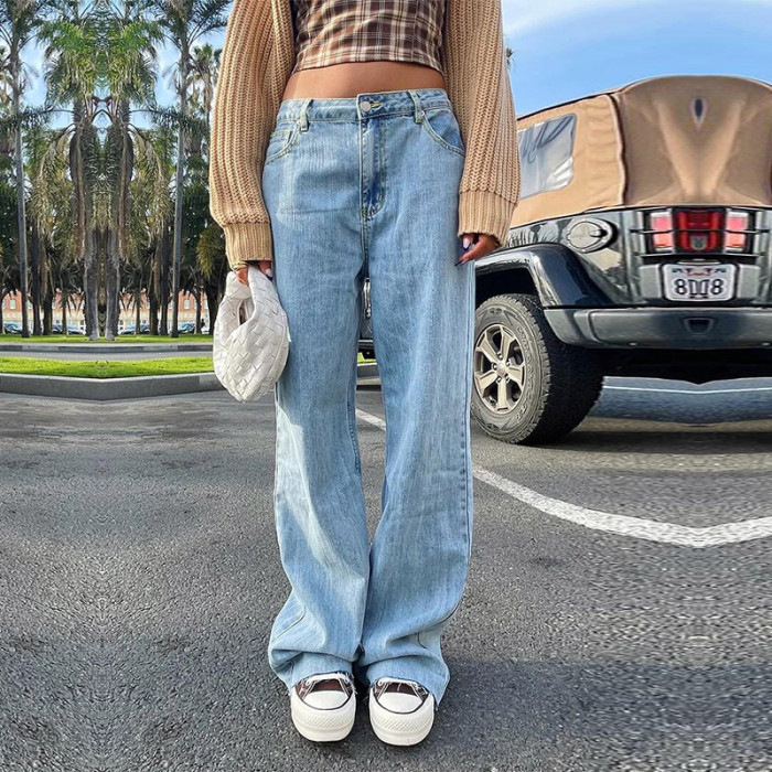 Women's Wild Casual Solid Color High Waist Straight Leg Denim Jeans