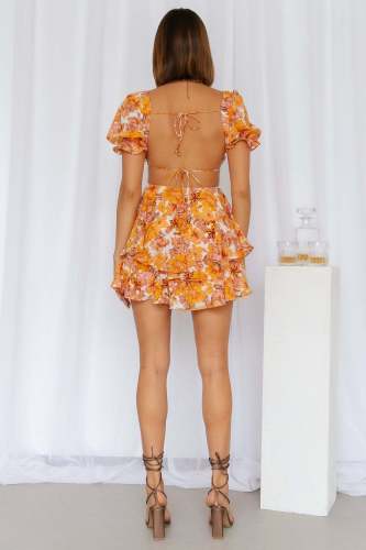 Ladies Summer Short Dress Women Floral Printing V-neck Chest Tie Up Puff Short Sleeve Backless Slim Layered Skirt