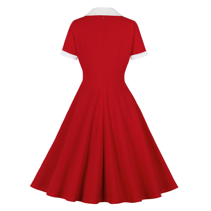 Hepburn Style Contrast Collar Red Swing Vintage Dresses for Women Elegant Button Front Short Sleeve Summer Womens Clothing
