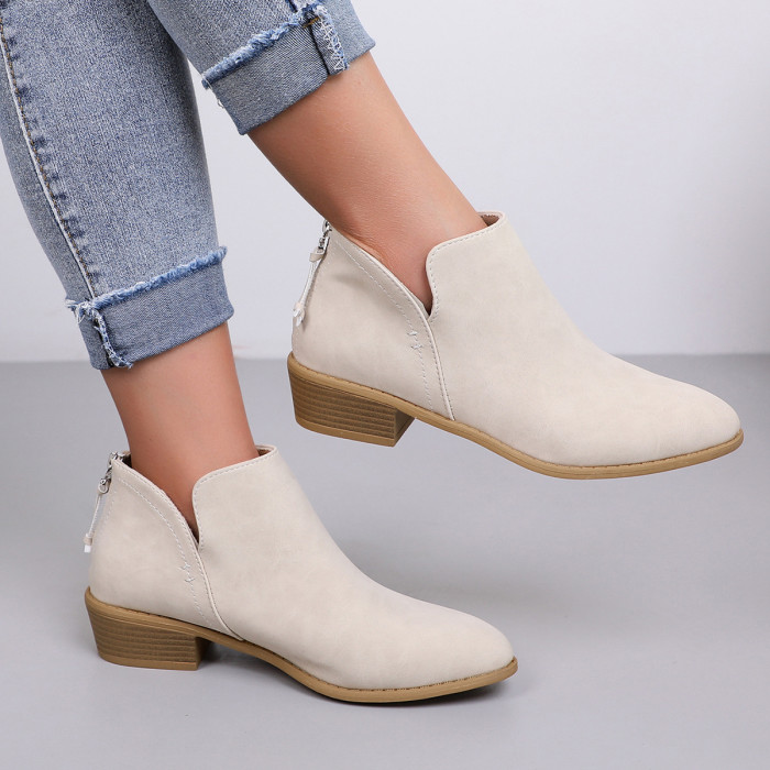 New Women Boots Slip-On  Chunky Heels Pointed Casual Shoes