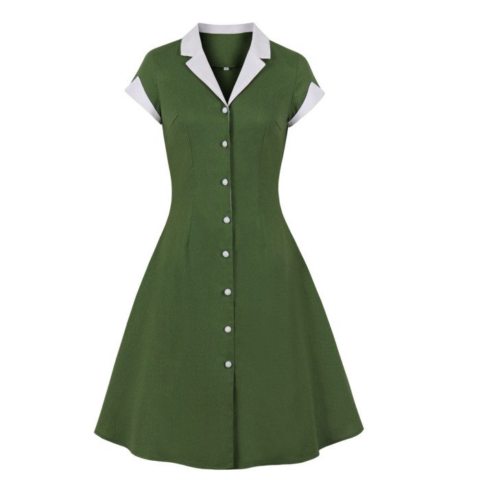 Pinup Vintage Dress Turn-Down Collar Button Up Sleeveless Summer Women Pleated Cotton Dresses