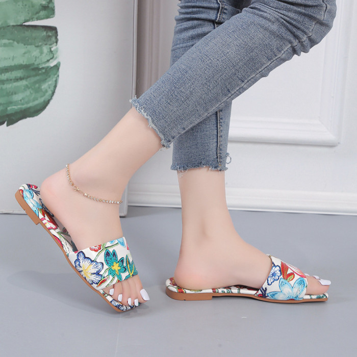 Women's Flat Flower Print Casual Shoes Comfortable Sandals and Slippers