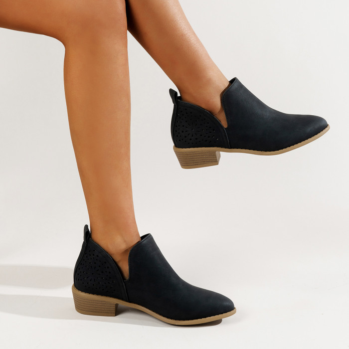 Hollow Ankle Boots for Women Pointed Toe Retro Chunky Heels Shoes