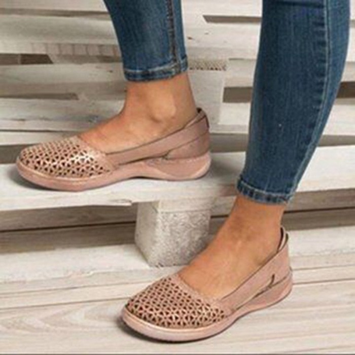 Hollow Out PU Vintage Woman Shoes Slip On Casual Sewing Ladies Sandal