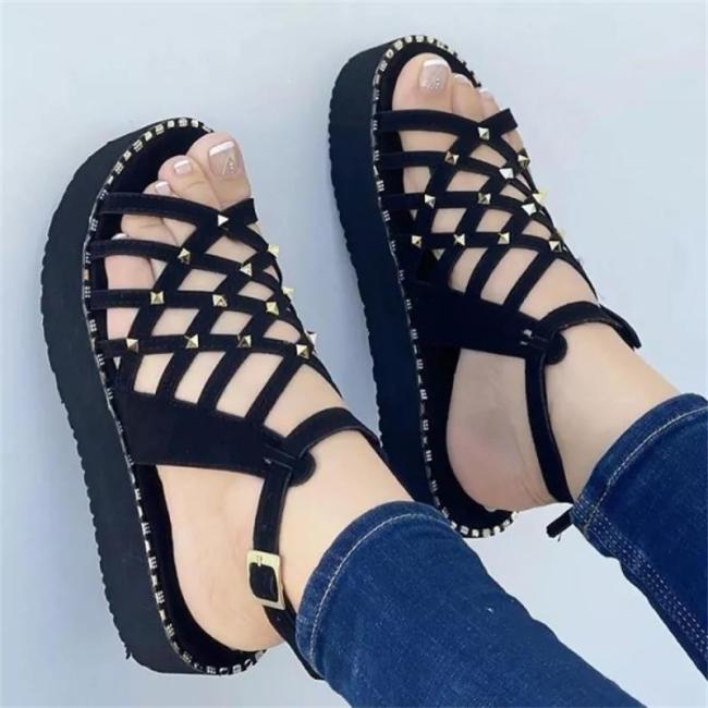 Women Faux Suede Solid Color Classic Fashion Casual Hollow Flat Sandals