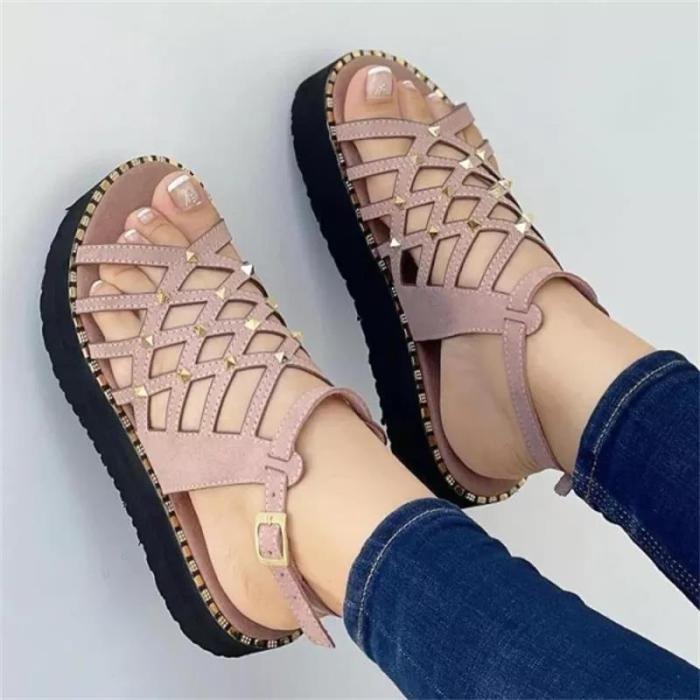 Women Faux Suede Solid Color Classic Fashion Casual Hollow Flat Sandals