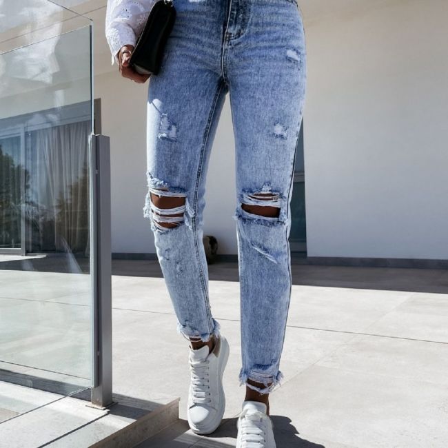 Ripped Solid Color Slim Button Pockets Cropped Jeans