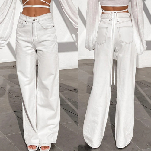 Women's New Style Trousers Casual White Straight Leg High Waist Jeans