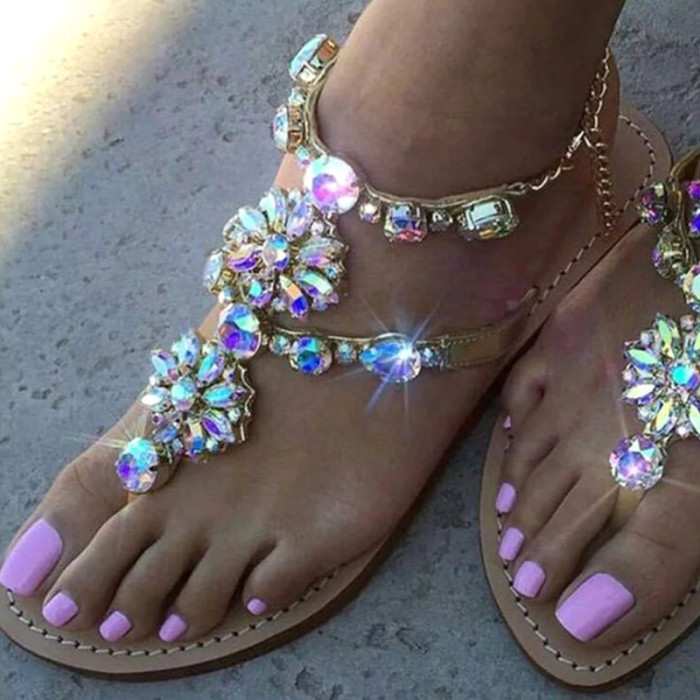 Ladies Rhinestones Soft Sole Comfortable Sandals Summer Beach Slippers For Women