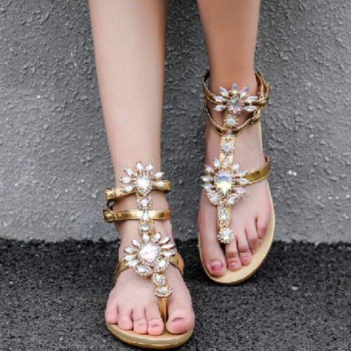 NEW Women`s Summer Bohemia Green Gold Diamond Flat Sandals Lady Casual Beach