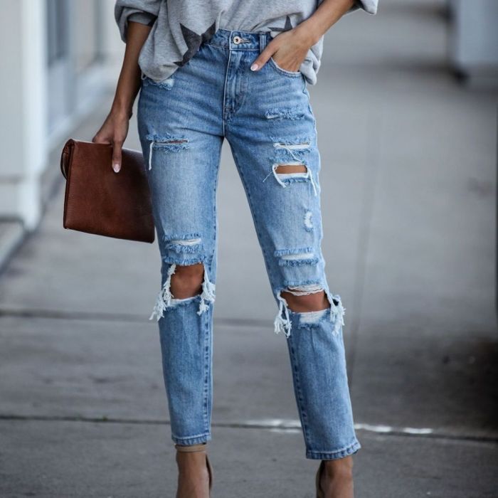 Ripped Washed Blue High Waist Pencil Jeans for Women
