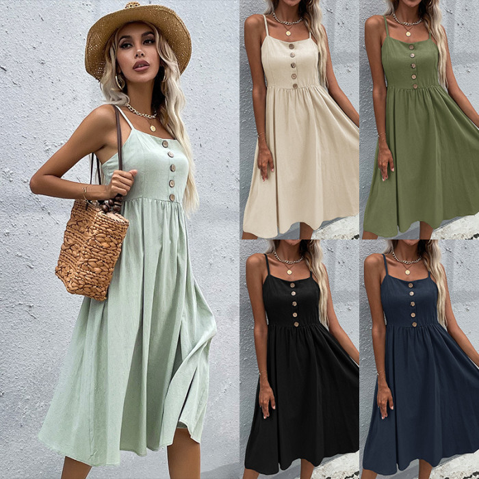 New Retro Ladies Summer Solid Cotton Linen Dress