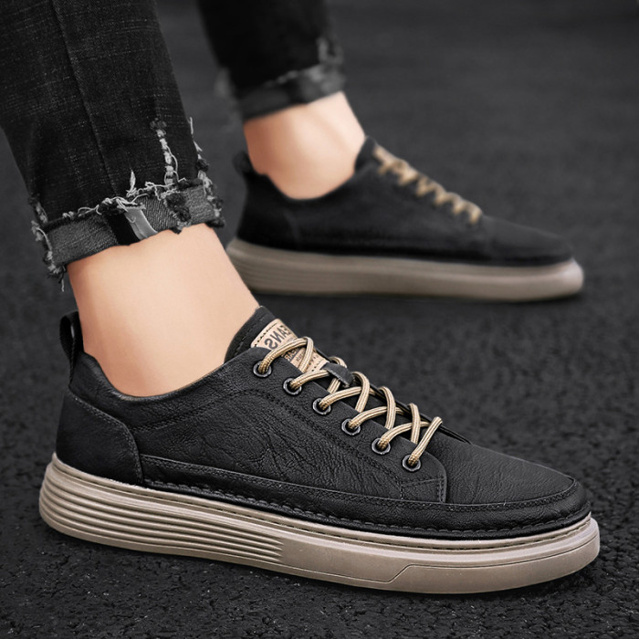 Men Leather Casual Shoes Warm Classic Solid Color Flat Bottom Lace-Up Run Sneaker Breathable