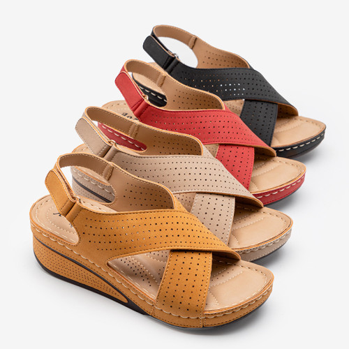 Women Shose Summer Casual Leather Sandals Sandalis Women Plus Size Hollow Wedges Sandals