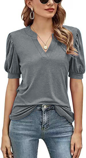 Fashion Office Apparel V-Neck Puff Sleeve Loose Casual T-Shirt