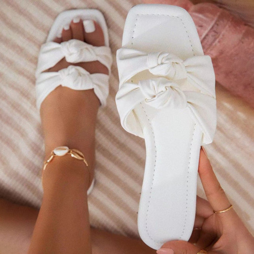 New Women's Slippers Summer Bow Square Toe Shoes Twist Strap Ladies Flat Sandals Outdoor