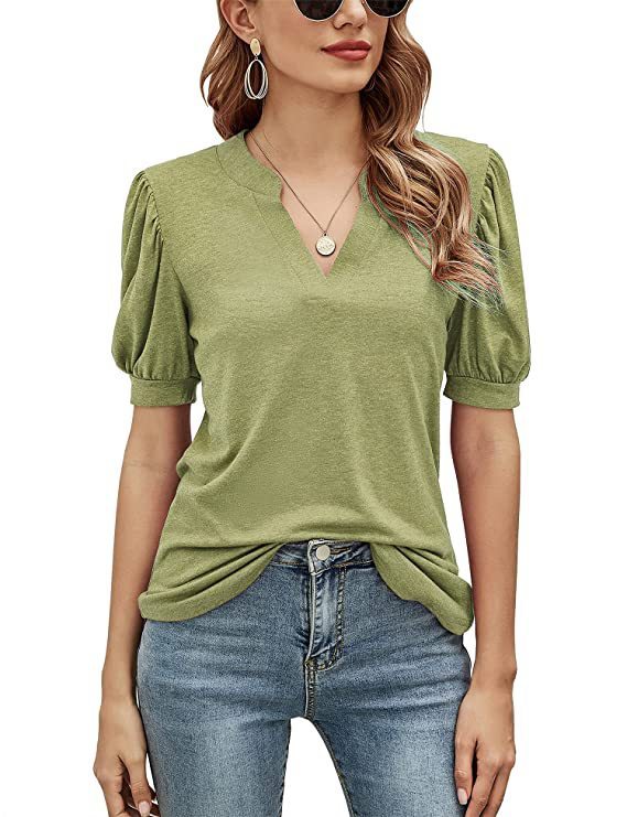 Fashion Office Apparel V-Neck Puff Sleeve Loose Casual T-Shirt