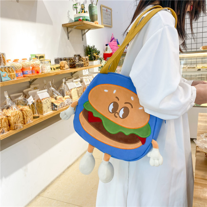 Embroidered Cartoon Burger Canvas Bag Women Shoulder Shopping Bags