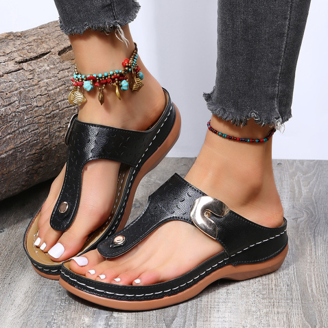 Women Clip Toe Slippers PU Leather Solid Plus Size Comfort Sandals