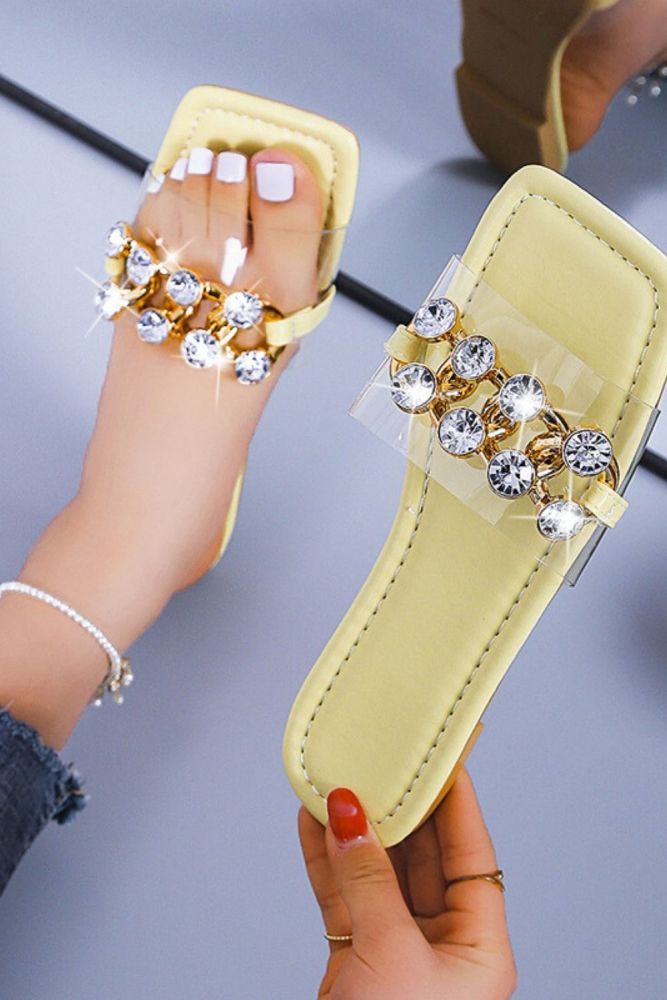 Fashion Square Toe Flat Heel Gold Chain Peep Toe Slippers