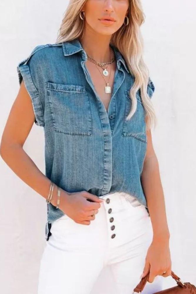 Single Breasted Tops with Pockets Summer Fashion Denim T-shirts