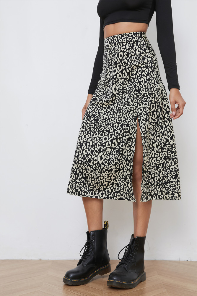 Women Print Leopard Color High Waist Sexy Slit Harajuku Skirts