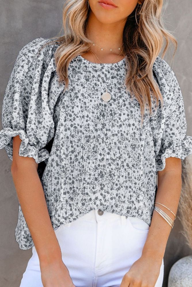 New Chiffon Round Neck Printed Bubble Sleeve Pullover T-shirt