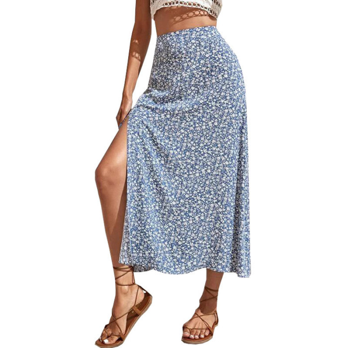 Summer Floral A-line Long Skirt Splicing Fashion Split Hip Wrap Casual Skirts