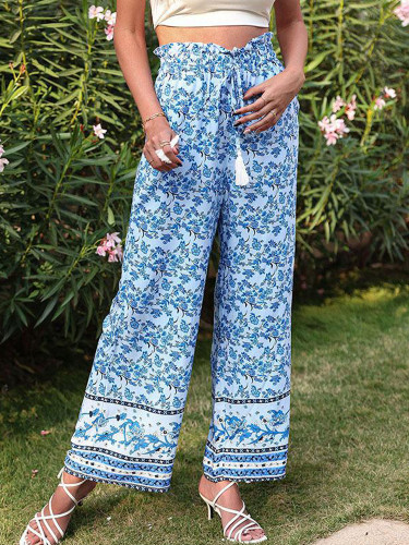 New Loose Blue Rayon Summer Casual Printing Wide-leg Pants