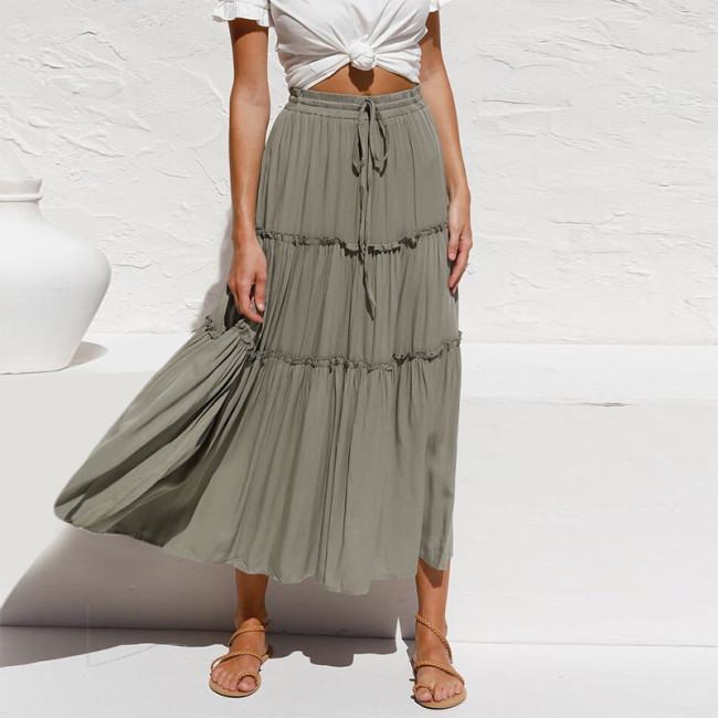 Summer Casual Patchwork Ruffles Lace-Up Elastic Waist Midi Skirt