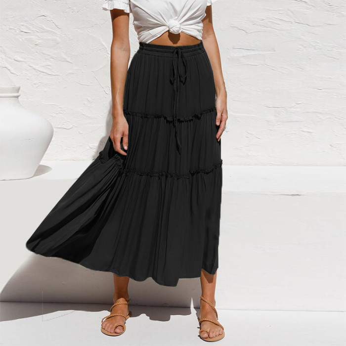 Summer Casual Patchwork Ruffles Lace-Up Elastic Waist Midi Skirt