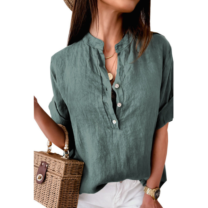 Casual Fashion Concise Solid Button V-Neck Half Sleeve Loose T-Shirts