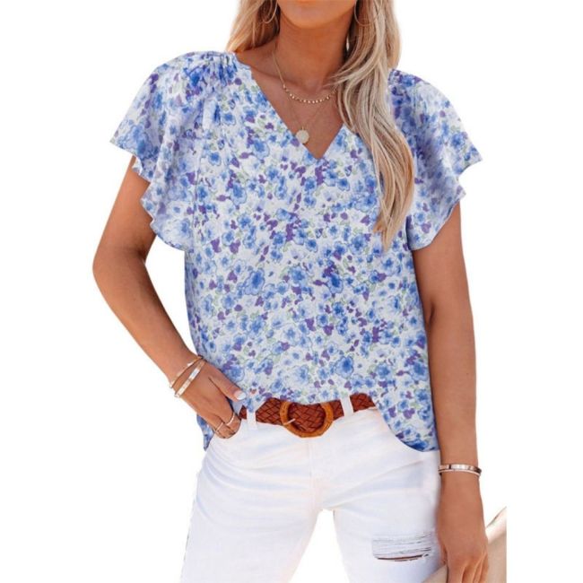 Women's V-neck Printed Short-sleeved Loose Casual Pullover T-Shirts