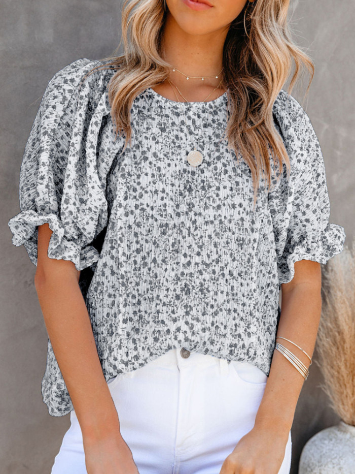 New Chiffon Round Neck Printed Bubble Sleeve Pullover T-shirt