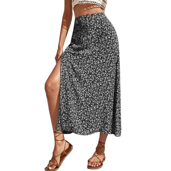 Summer Floral A-line Long Skirt Splicing Fashion Split Hip Wrap Casual Skirts