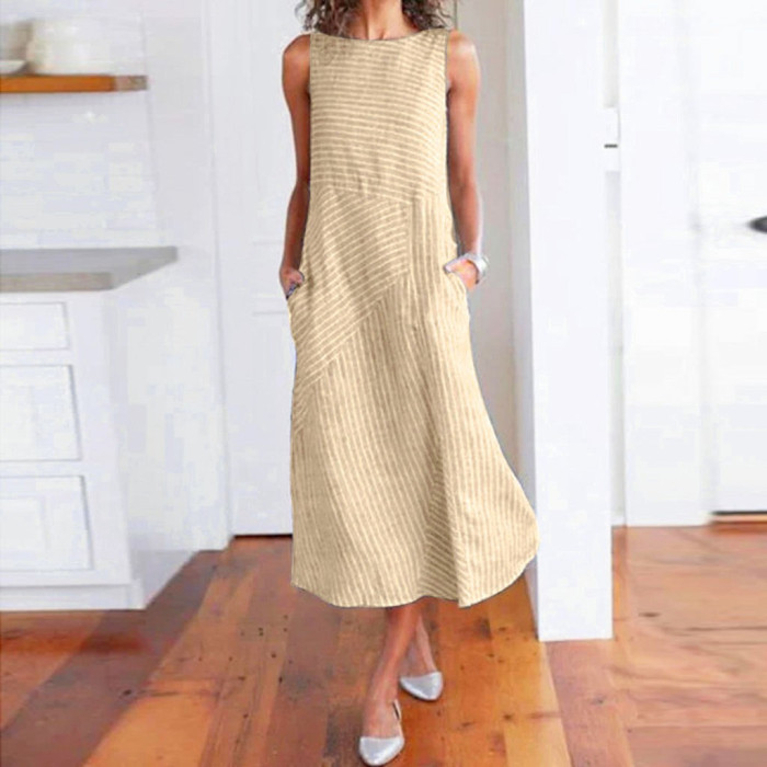 Woman Striped Print Sleeveless Linen Pocket Summer Casual Dress
