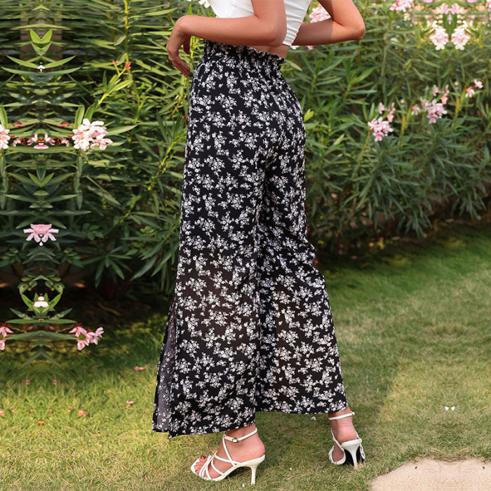 Women's Floral Wide Leg High Print Pants Waist Casual Loose Trousers