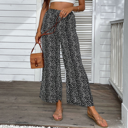 Printed Office Lady Casual Pants Nine-point Wide-leg Trousers