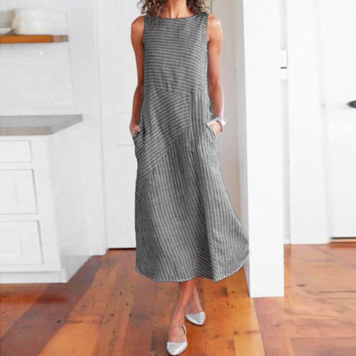 Woman Striped Print Sleeveless Linen Pocket Summer Casual Dress