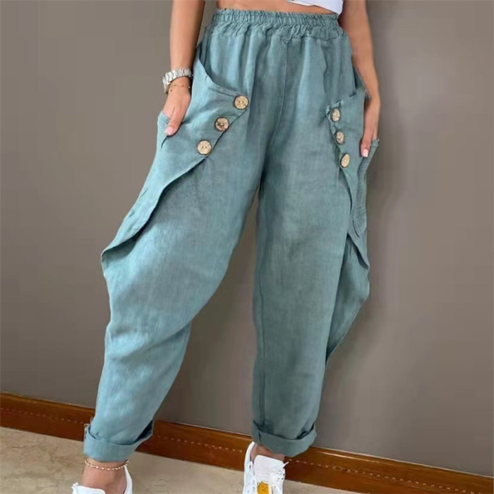 Summer Women's Casual Pocket Button Waist Closed Casual Sports Pants