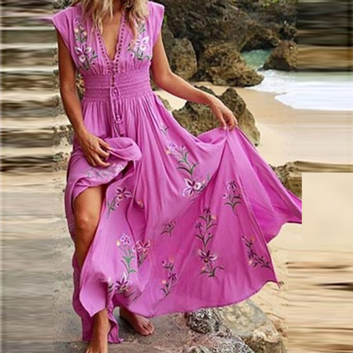 Boho Elegant Floral Print Maxi Party Dress Summer Sleeveless Loose Casual Beach Dress