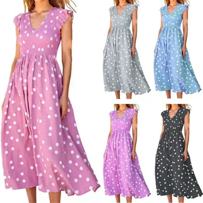 Summer V-neck Small Dot Print Boho High Elastic Waist  Casual Dress