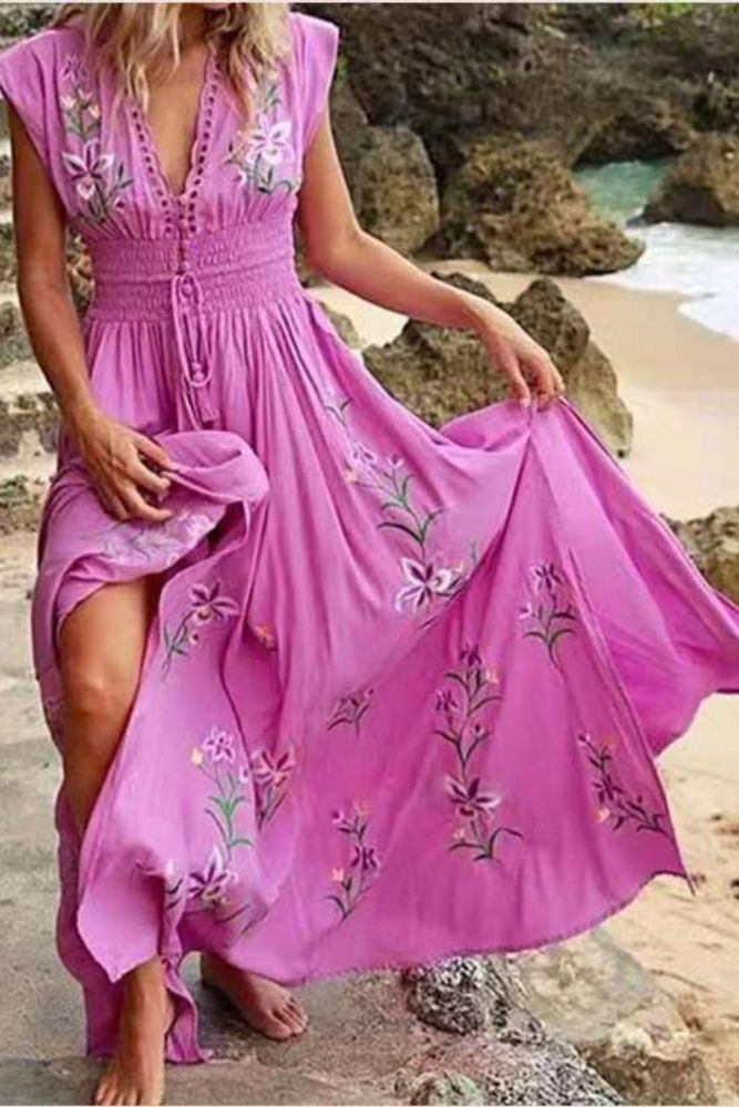 Boho Elegant Floral Print Maxi Party Dress Summer Sleeveless Loose Casual Beach Dress