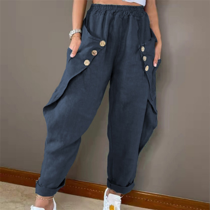 Summer Women's Casual Pocket Button Waist Closed Casual Sports Pants