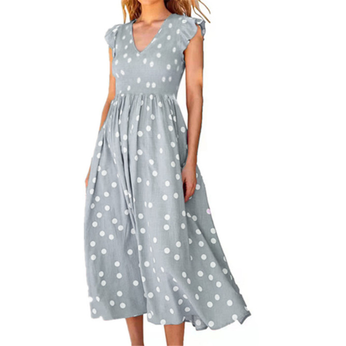Summer V-neck Small Dot Print Boho High Elastic Waist  Casual Dress